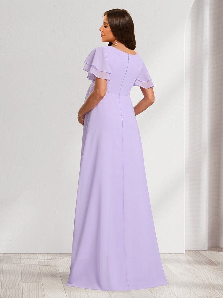 A-Line/Princess V-Neck Ruched Chiffon Maternity Bridesmaid Dresses with Pleats &amp; Ruffles