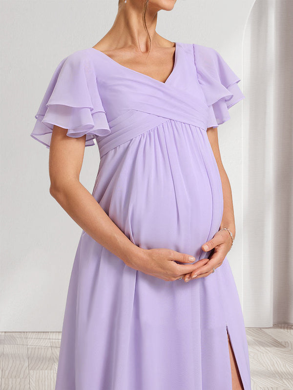A-Line/Princess V-Neck Ruched Chiffon Baby Shower Bridesmaid Dresses with Pleats & Ruffles