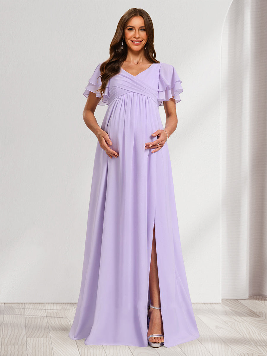 A-Line/Princess V-Neck Ruched Chiffon Maternity Bridesmaid Dresses with Pleats &amp; Ruffles