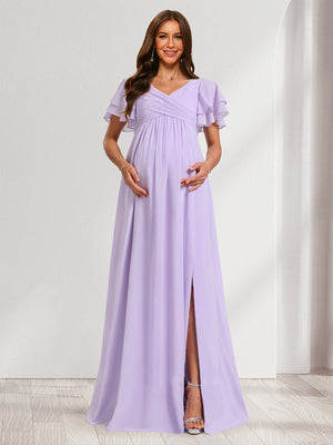 A-Line/Princess V-Neck Ruched Chiffon Baby Shower Bridesmaid Dresses with Pleats & Ruffles
