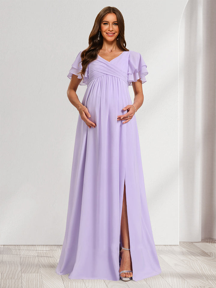 A-Line/Princess V-Neck Ruched Chiffon Maternity Bridesmaid Dresses with Pleats &amp; Ruffles