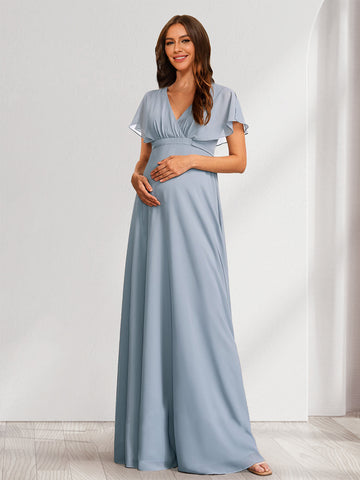 A-Line/Princess V-Neck Flutter Sleeves Baby Shower Bridesmaid Dresses with Bow & Ruffles