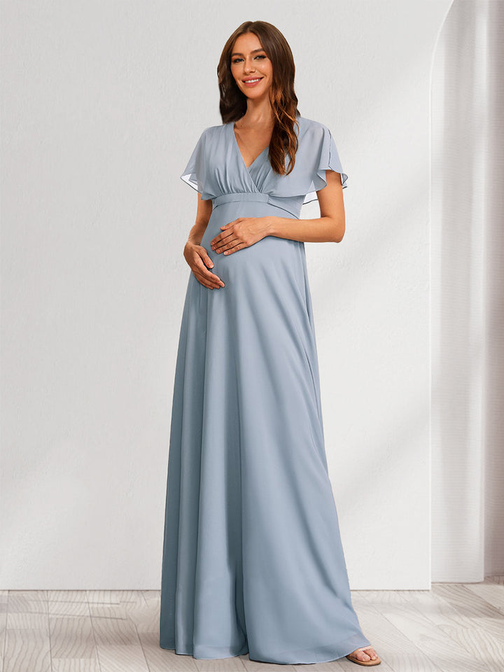 A-Line/Princess V-Neck Flutter Sleeves Maternity Bridesmaid Dresses with Bow &amp; Ruffles
