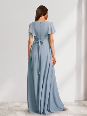 A-Line/Princess V-Neck Flutter Sleeves Baby Shower Bridesmaid Dresses with Bow & Ruffles