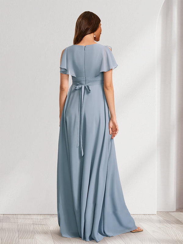 A-Line/Princess V-Neck Flutter Sleeves Baby Shower Bridesmaid Dresses with Bow & Ruffles