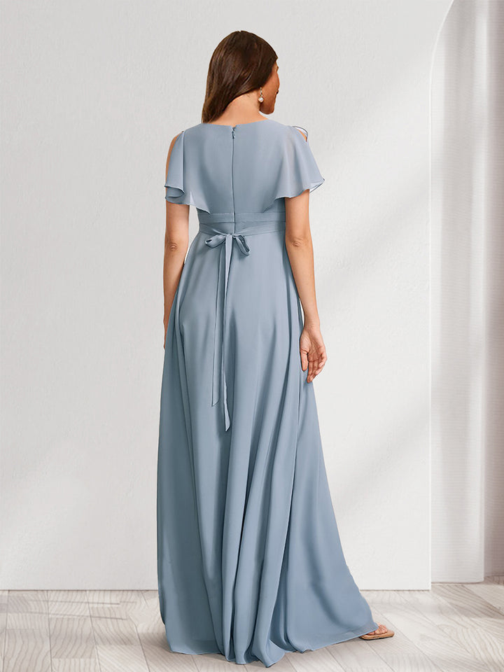A-Line/Princess V-Neck Flutter Sleeves Maternity Bridesmaid Dresses with Bow &amp; Ruffles