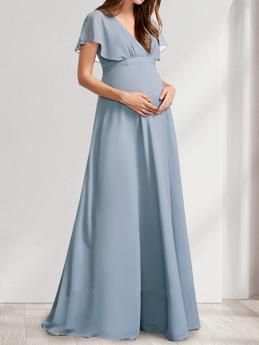 A-Line/Princess V-Neck Flutter Sleeves Maternity Bridesmaid Dresses with Bow &amp; Ruffles