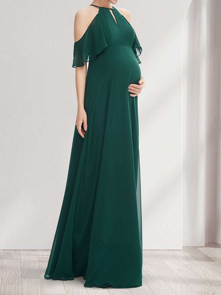 A-Line/Princess Halter Cold Shoulder Elegant Maternity Bridesmaid Dresses with Ruffles
