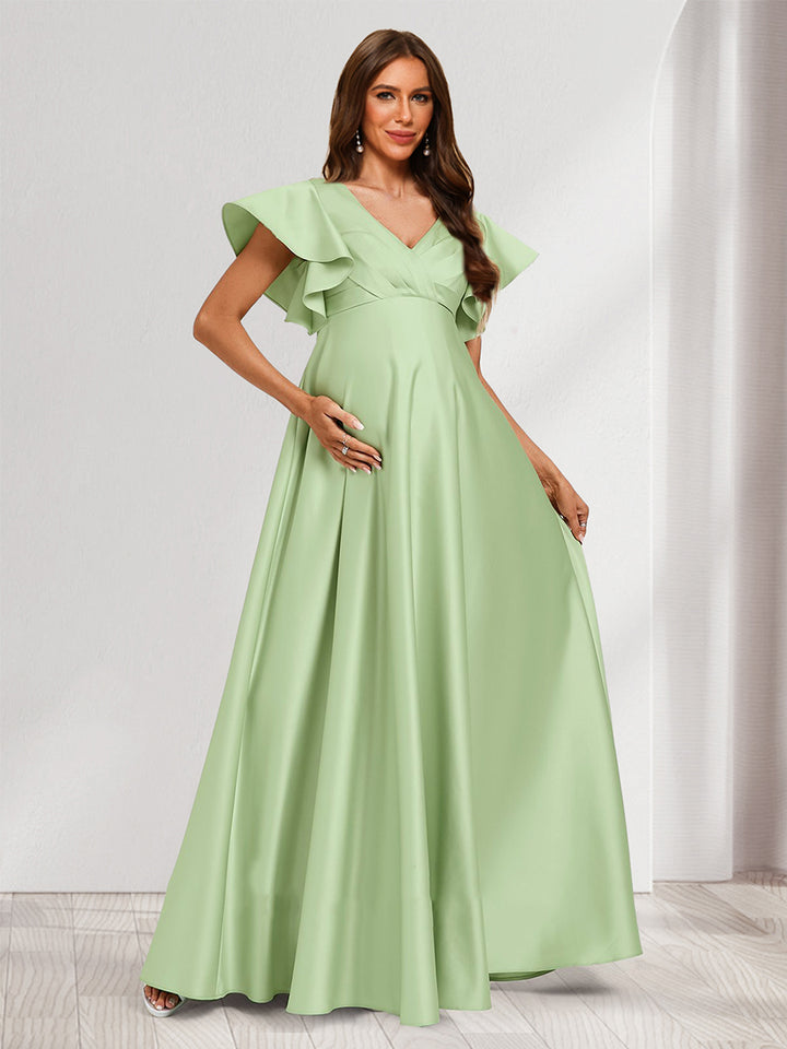 A-Line/Princess V-Neck Flutter Sleeves Modest Maternity Bridesmaid Dresses with Ruffles