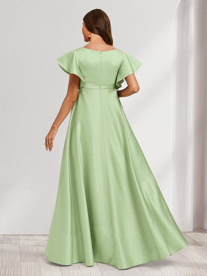 A-Line/Princess V-Neck Flutter Sleeves Modest Maternity Bridesmaid Dresses with Ruffles
