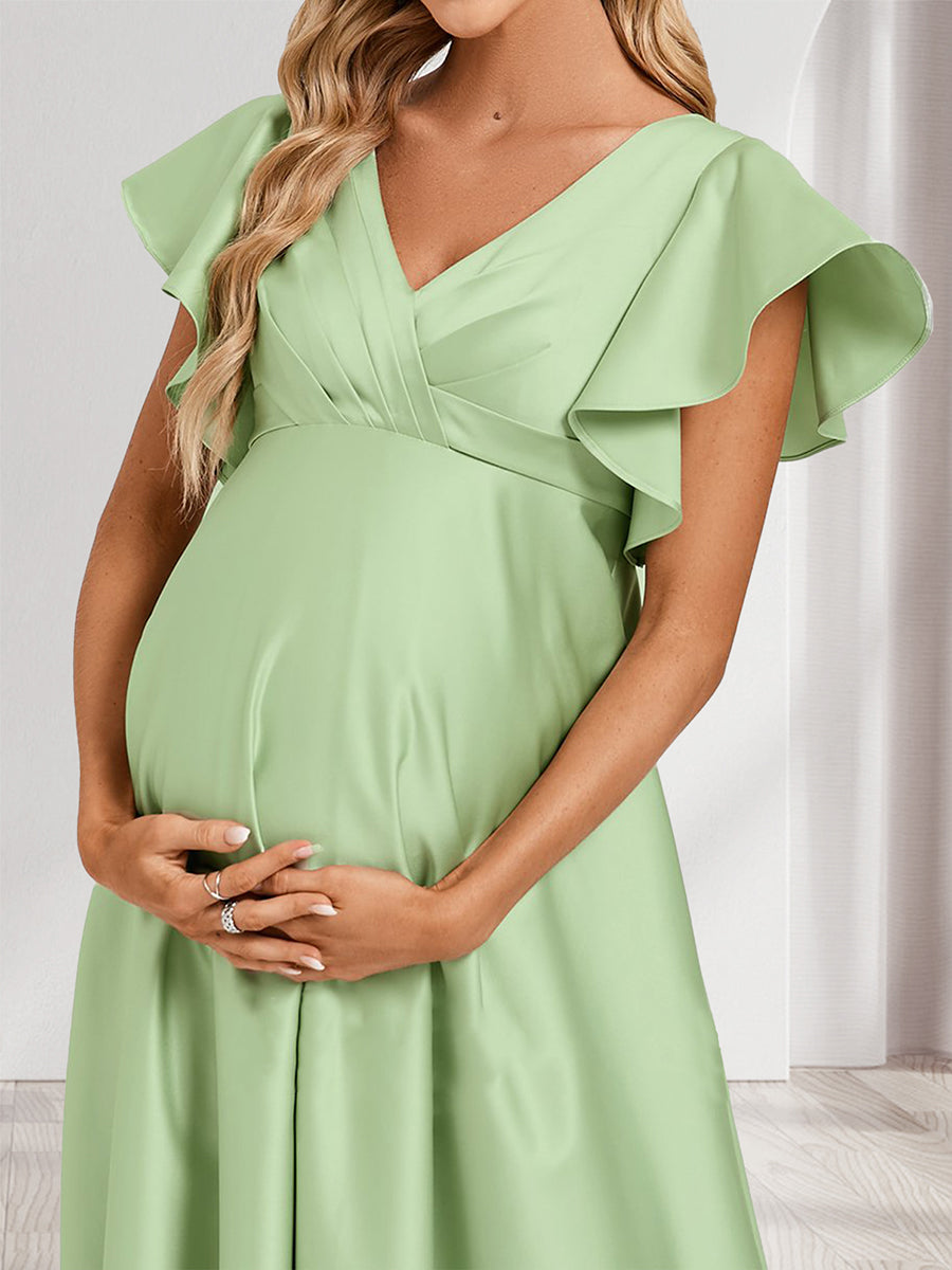 A-Line/Princess V-Neck Flutter Sleeves Modest Maternity Bridesmaid Dresses with Ruffles