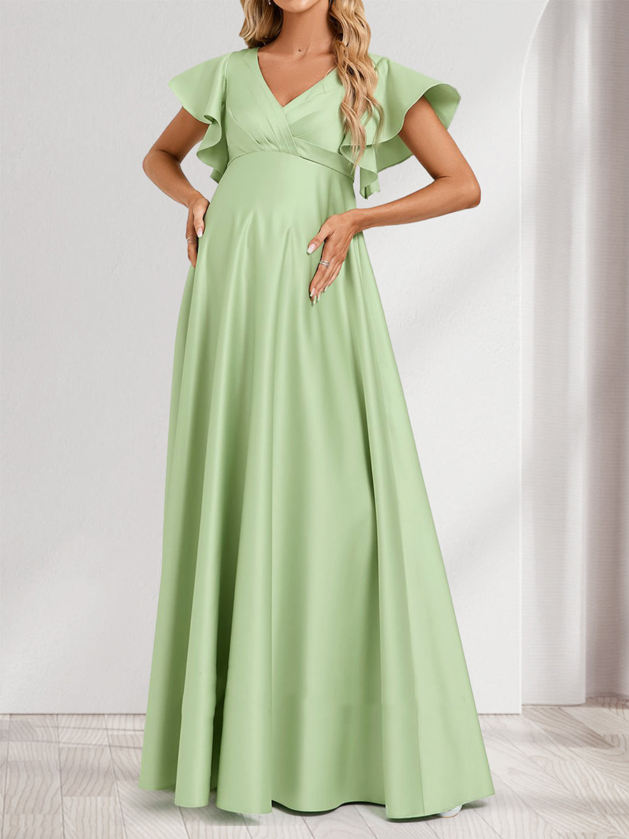 A-Line/Princess V-Neck Flutter Sleeves Modest Maternity Bridesmaid Dresses with Ruffles