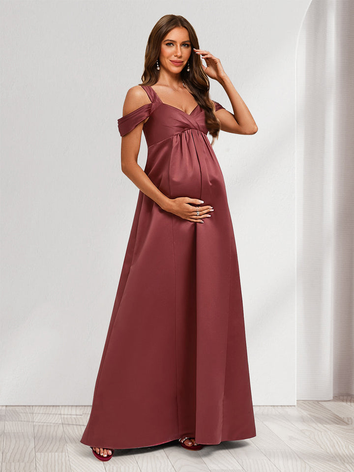 A-Line/Princess Cold Shoulder Floor-Length Ruched Long Satin Maternity Bridesmaid Dresses