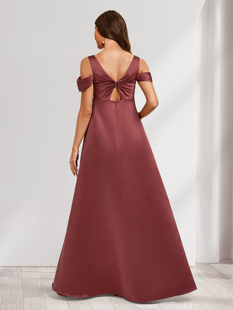 A-Line/Princess Cold Shoulder Floor-Length Ruched Long Satin Maternity Bridesmaid Dresses