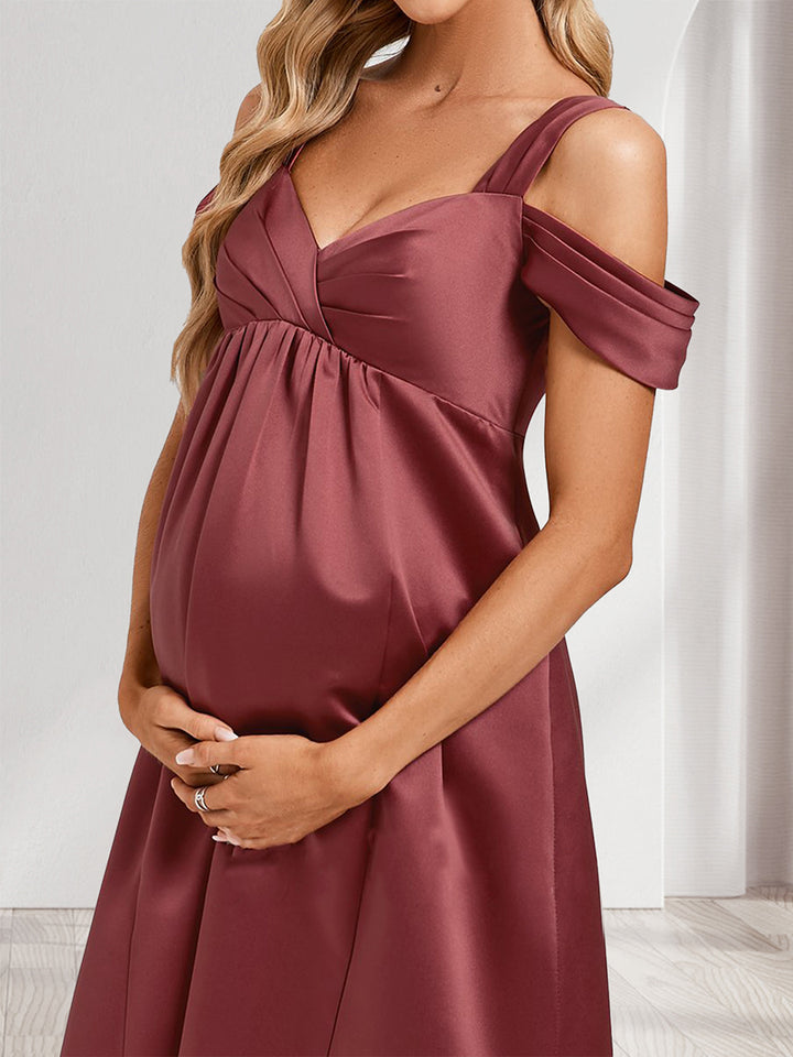 A-Line/Princess Cold Shoulder Floor-Length Ruched Long Satin Maternity Bridesmaid Dresses