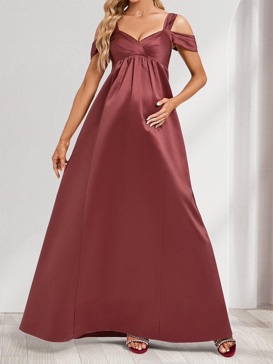 A-Line/Princess Cold Shoulder Floor-Length Ruched Long Satin Maternity Bridesmaid Dresses