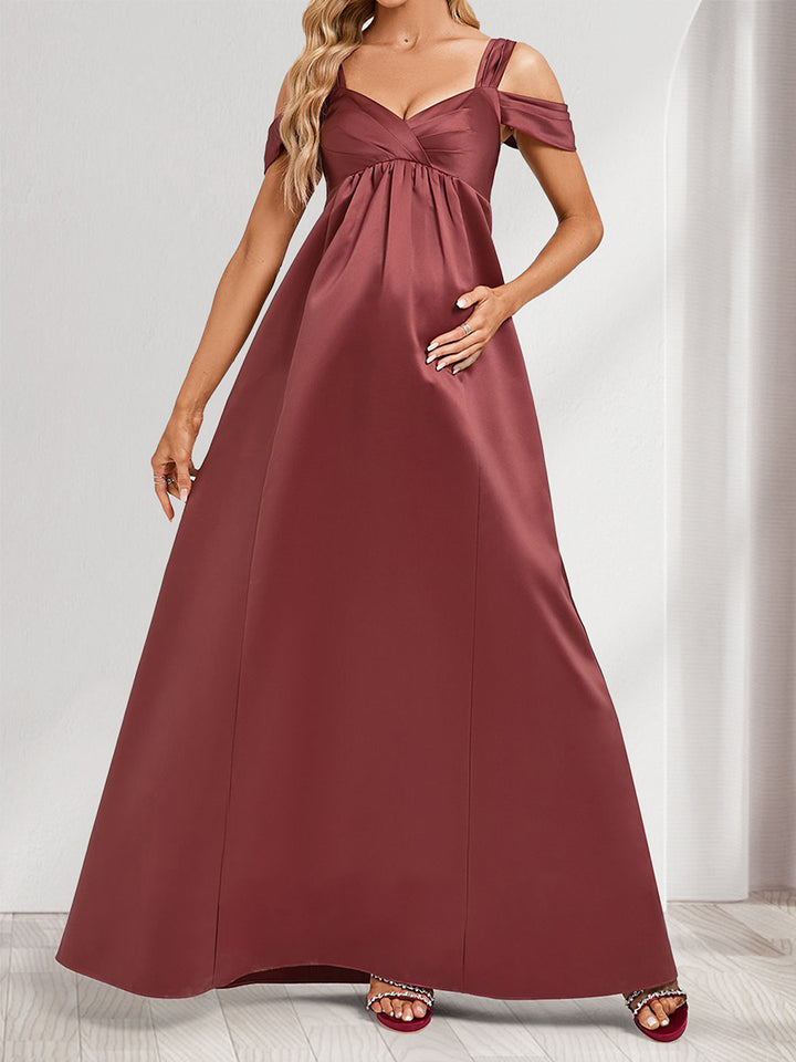 A-Line/Princess Cold Shoulder Floor-Length Ruched Long Satin Maternity Bridesmaid Dresses
