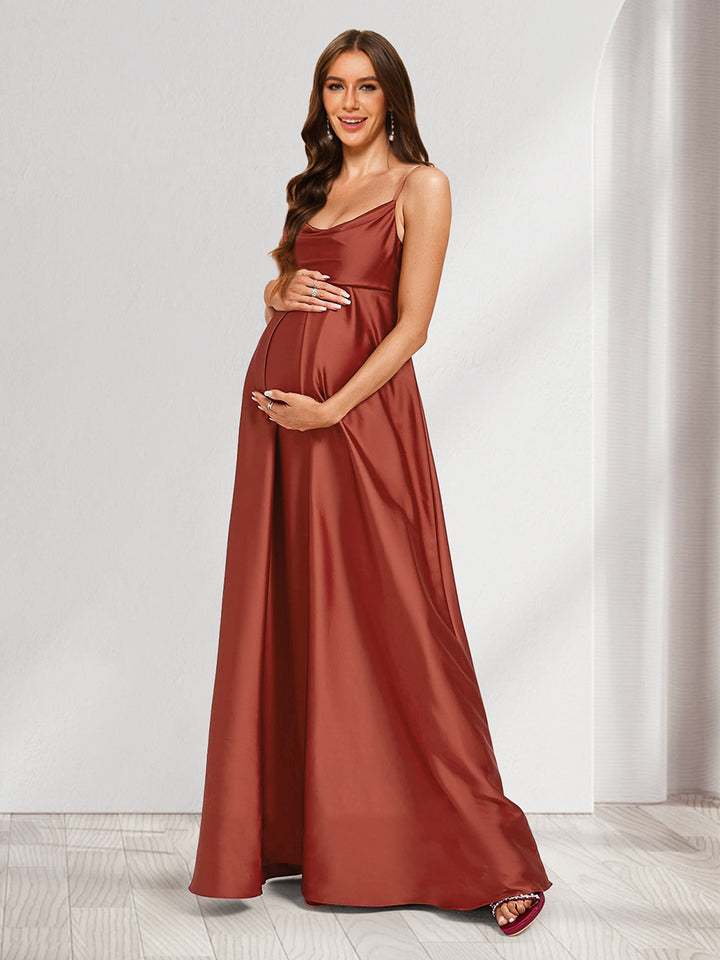 A-Line/Princess Cowl Neck Sleeveless Floor-Length Maternity Bridesmaid Dresses with Pleats