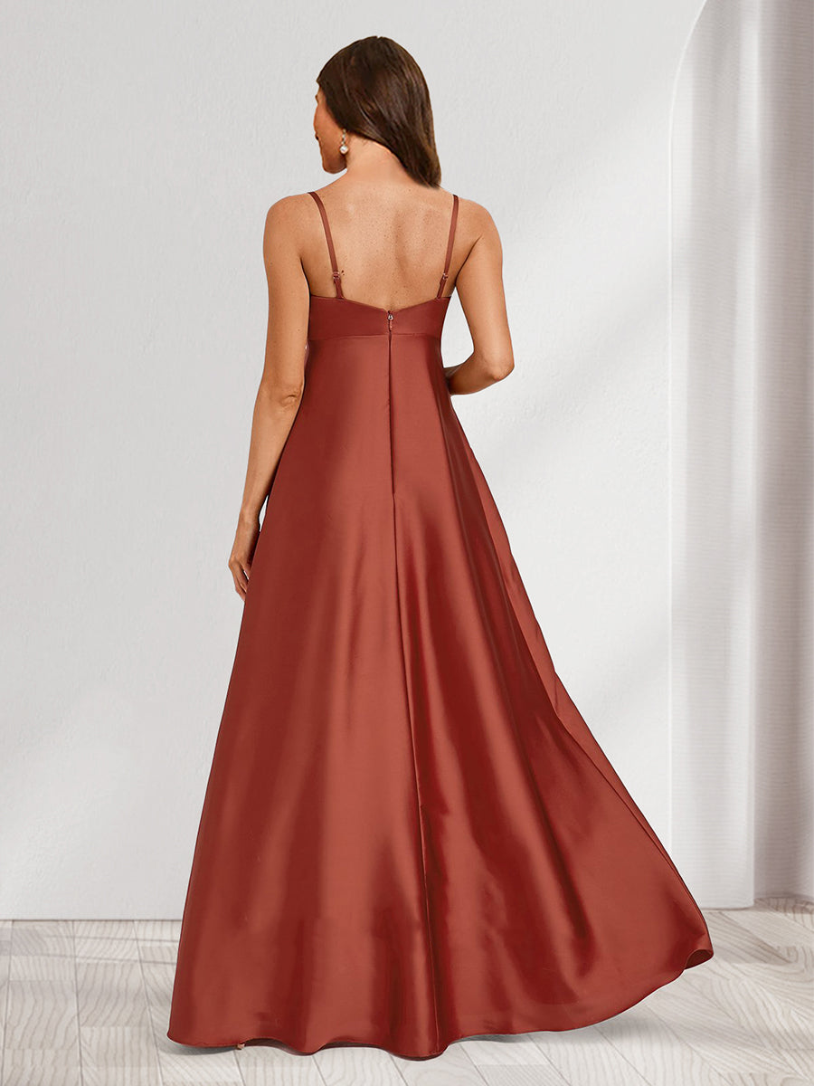 A-Line/Princess Cowl Neck Sleeveless Floor-Length Maternity Bridesmaid Dresses with Pleats