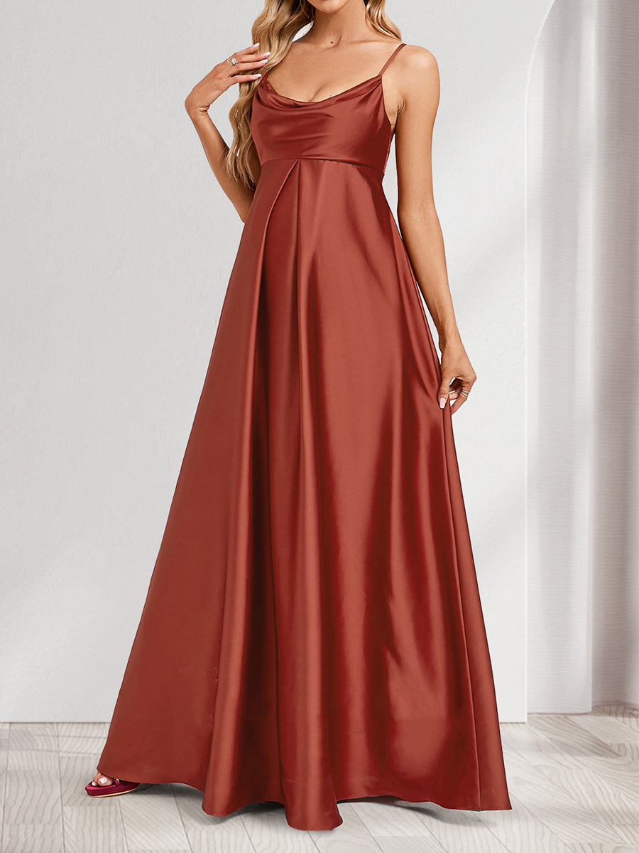 A-Line/Princess Cowl Neck Sleeveless Floor-Length Maternity Bridesmaid Dresses with Pleats