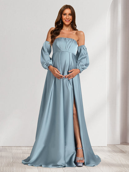 A-Line/Princess Strapless Ruched Long Maternity Dresses with Split Side