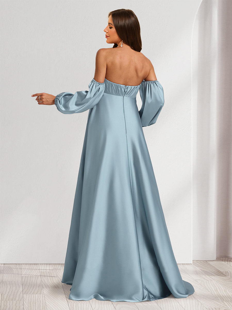 A-Line/Princess Strapless Ruched Long Maternity Bridesmaid Dresses with Split Side