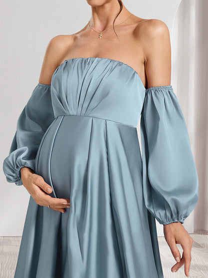 A-Line/Princess Strapless Ruched Long Maternity Dresses with Split Side