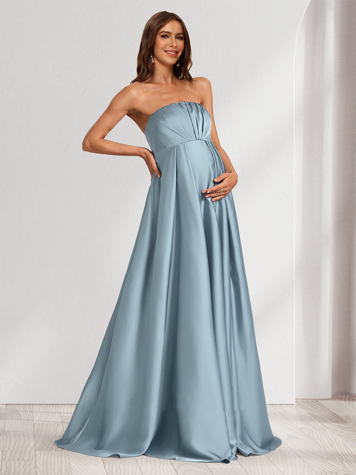 A-Line/Princess Strapless Ruched Long Maternity Bridesmaid Dresses with Split Side