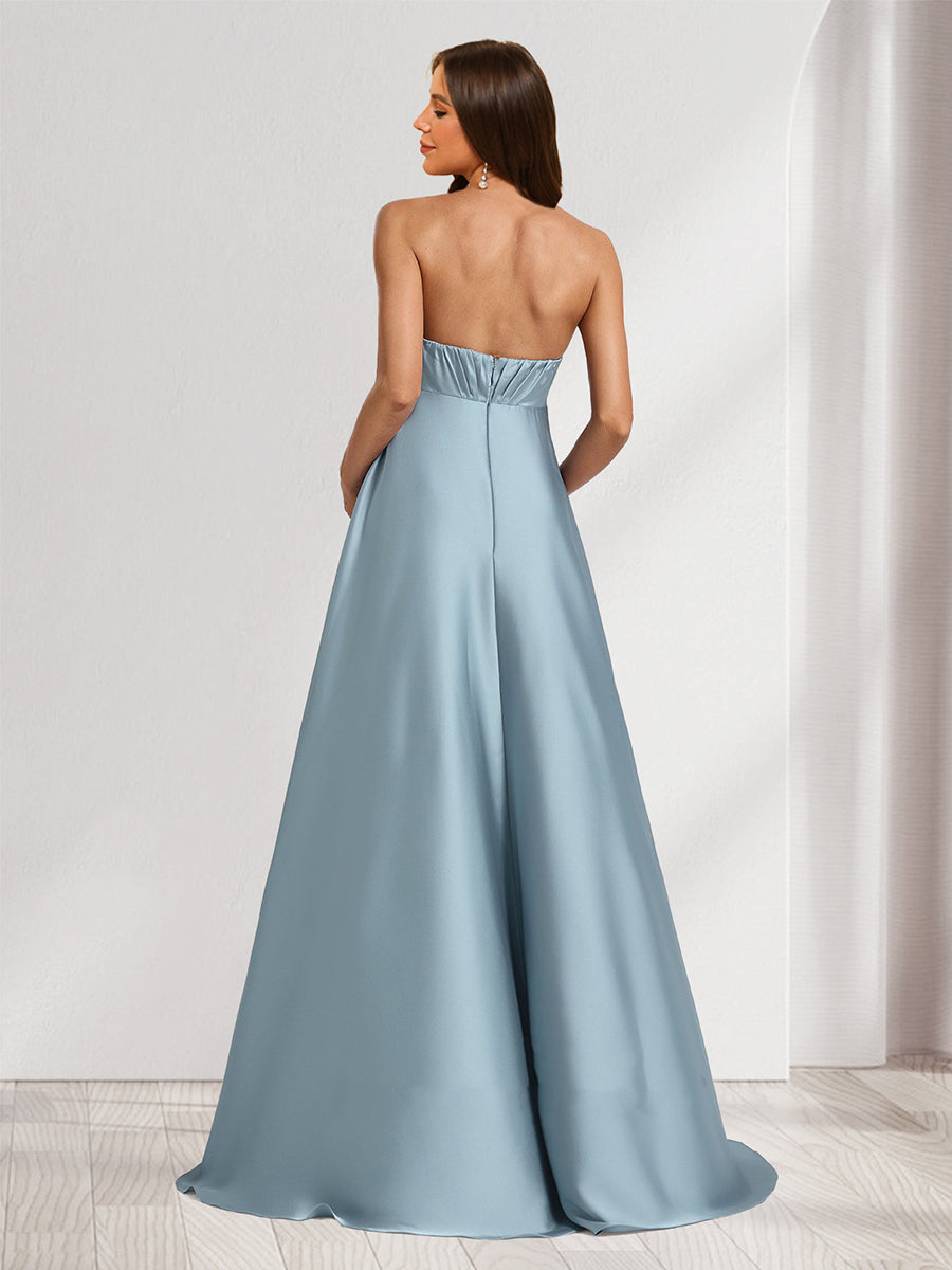 A-Line/Princess Strapless Ruched Long Maternity Bridesmaid Dresses with Split Side