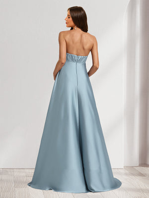 A-Line/Princess Strapless Ruched Long Baby Shower Bridesmaid Dresses with Split Side