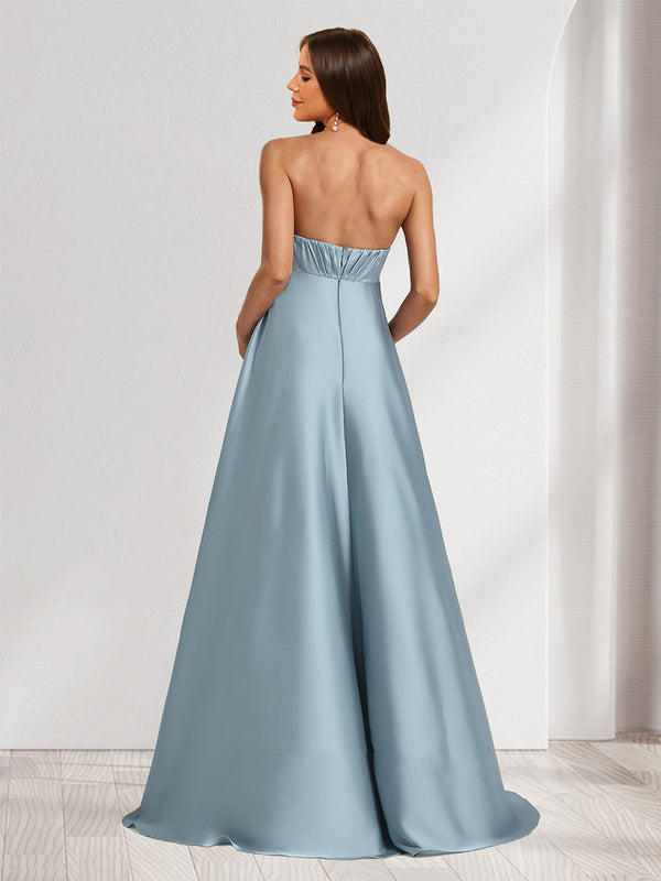 A-Line/Princess Strapless Ruched Long Baby Shower Bridesmaid Dresses with Split Side