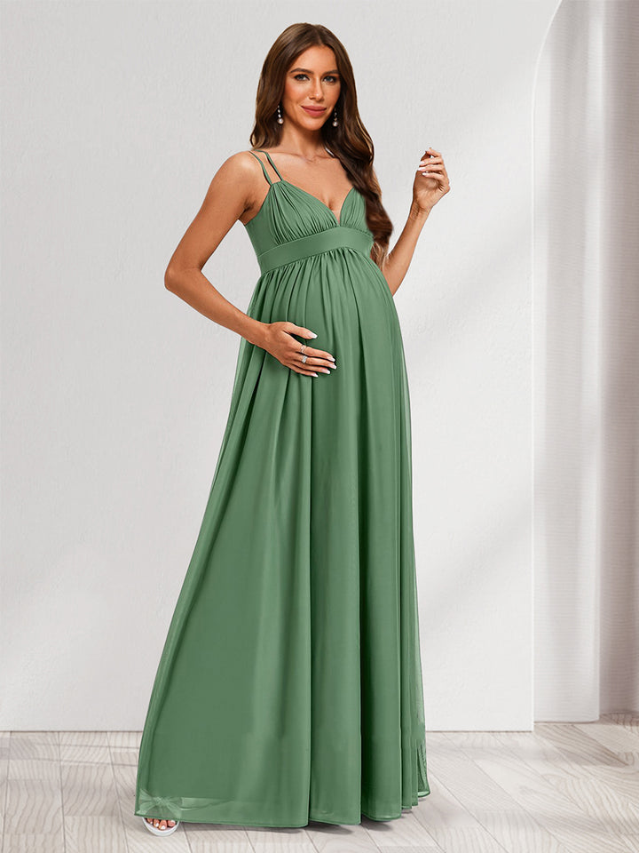 A-Line/Princess Straps Ruched Floor-Length Maternity Bridesmaid Dresses with Pleats