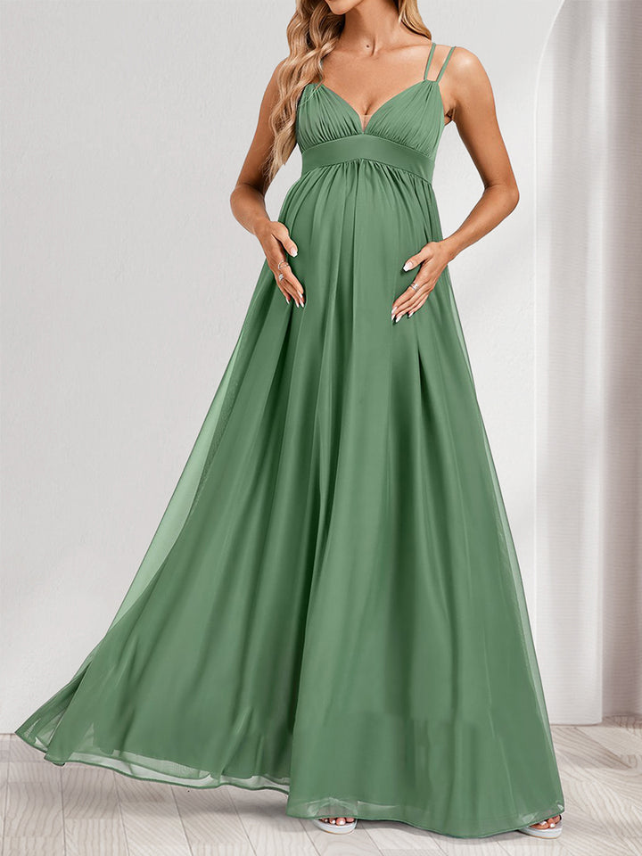 A-Line/Princess Straps Ruched Floor-Length Maternity Bridesmaid Dresses with Pleats