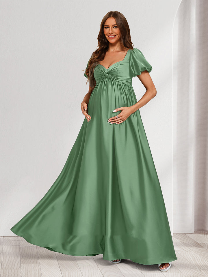 A-Line/Princess V-Neck Ruched Short Sleeves Elegant Maternity Bridesmaid Dresses with Pleats