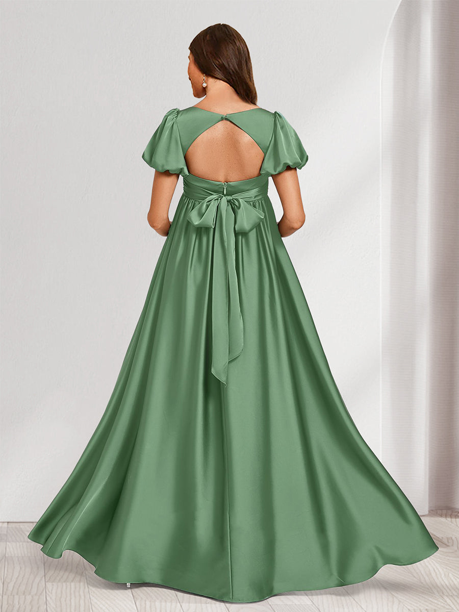 A-Line/Princess V-Neck Ruched Short Sleeves Elegant Maternity Bridesmaid Dresses with Pleats