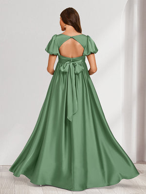 A-Line/Princess V-Neck Ruched Short Sleeves Elegant Baby Shower Bridesmaid Dresses with Pleats