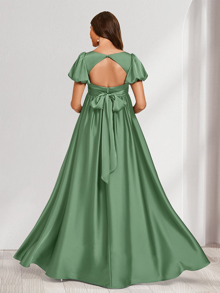 A-Line/Princess V-Neck Ruched Short Sleeves Elegant Maternity Bridesmaid Dresses with Pleats