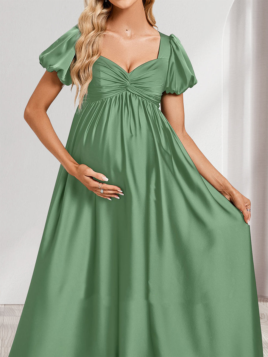 A-Line/Princess V-Neck Ruched Short Sleeves Elegant Maternity Bridesmaid Dresses with Pleats