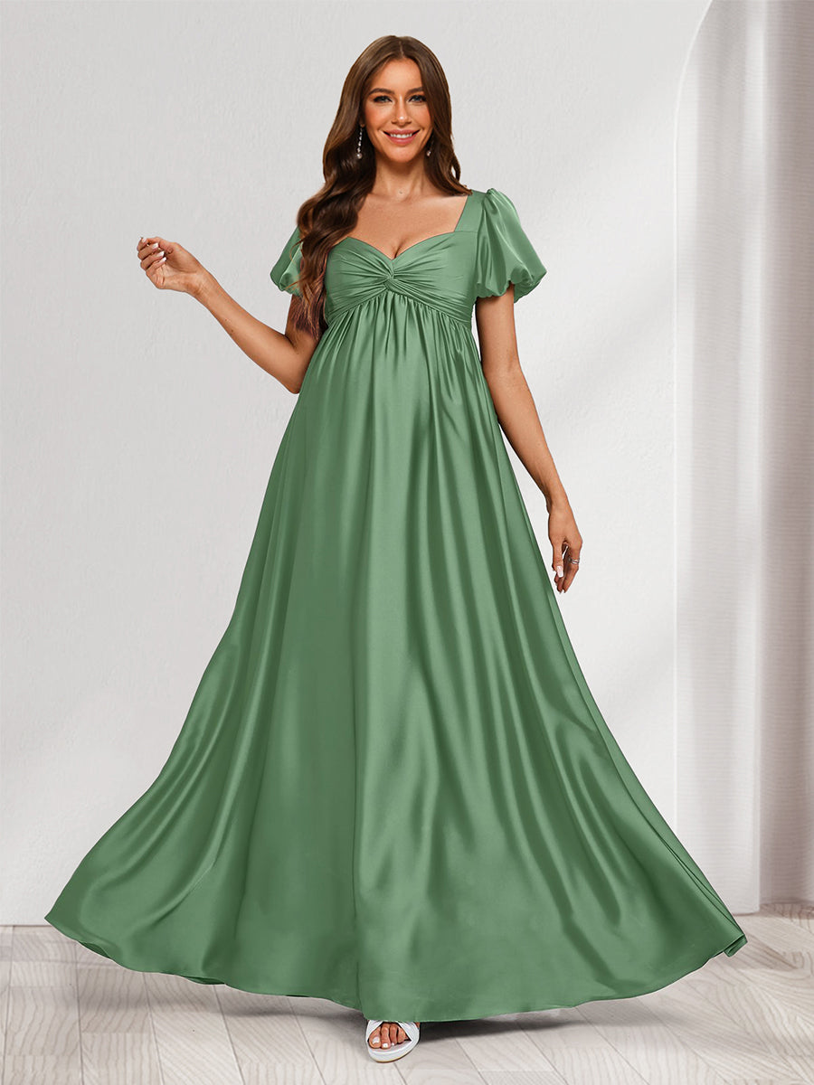 A-Line/Princess V-Neck Ruched Short Sleeves Elegant Maternity Bridesmaid Dresses with Pleats