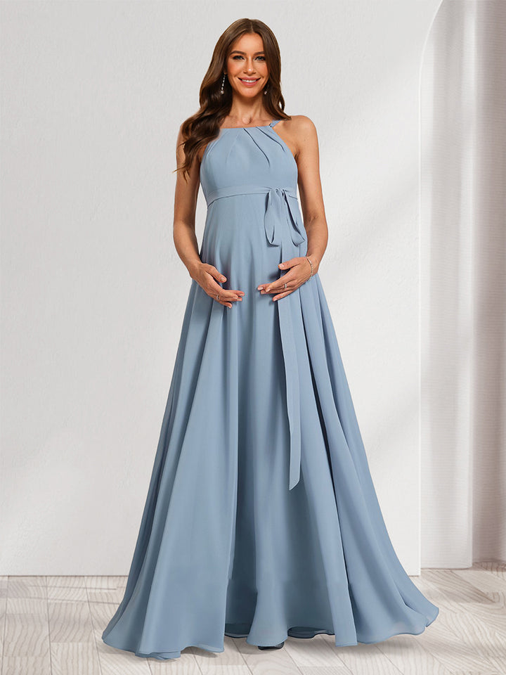 A-Line/Princess Halter Sleeveless Floor-Length Maternity Bridesmaid Dresses with Bow &amp; Pleats