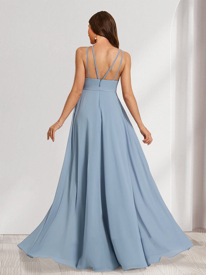 A-Line/Princess Halter Sleeveless Floor-Length Maternity Bridesmaid Dresses with Bow &amp; Pleats