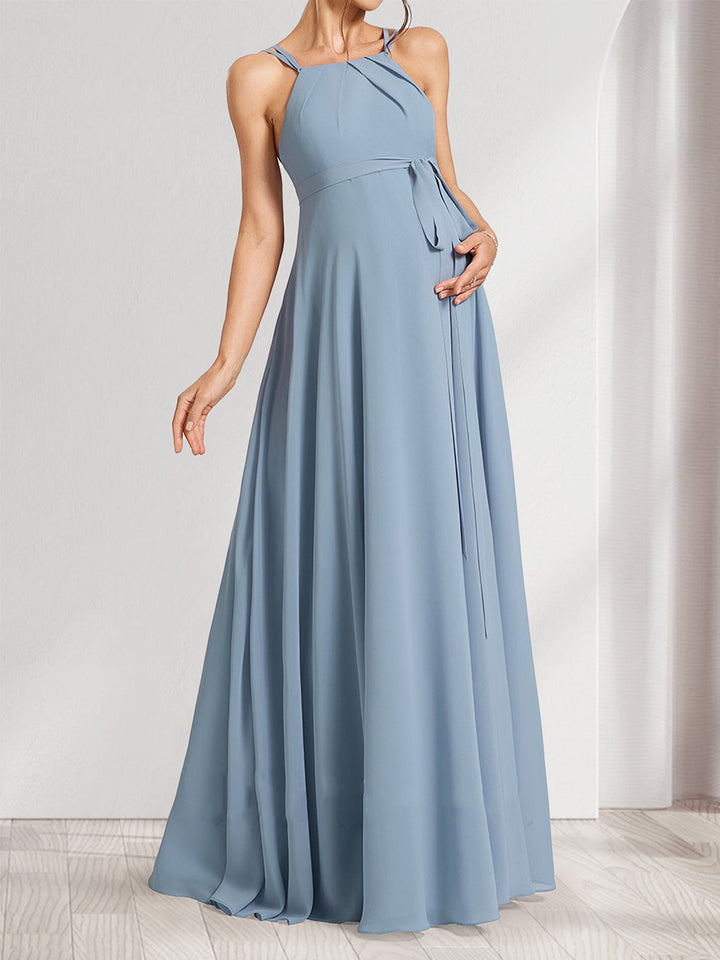 A-Line/Princess Halter Sleeveless Floor-Length Maternity Bridesmaid Dresses with Bow &amp; Pleats