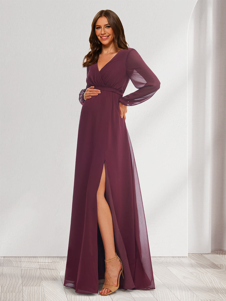 A-Line/Princess V-Neck Long Sleeves Chiffon Maternity Bridesmaid Dresses with Split Side