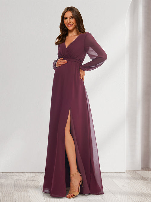 A-Line/Princess V-Neck Long Sleeves Chiffon Baby Shower Bridesmaid Dresses with Split Side