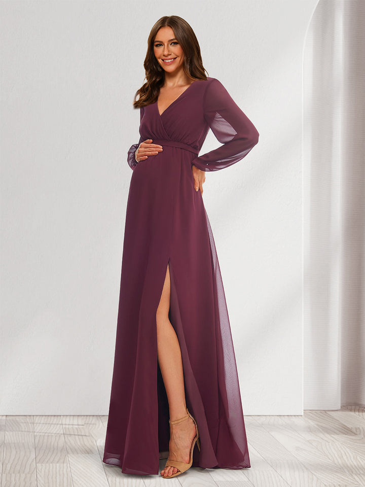 A-Line/Princess V-Neck Long Sleeves Chiffon Maternity Bridesmaid Dresses with Split Side