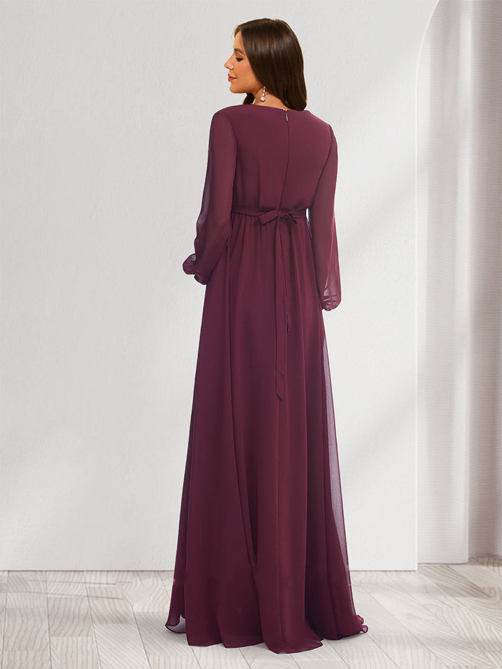A-Line/Princess V-Neck Long Sleeves Chiffon Maternity Bridesmaid Dresses with Split Side