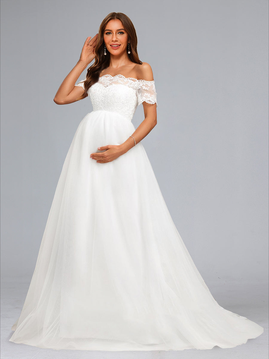 Ball Gown Off-the-Shoulder Baby Shower Wedding Dresses with Lace Appliques