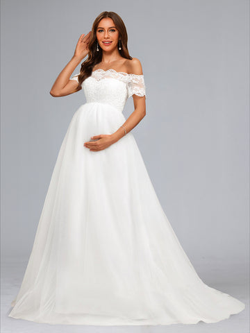 Ball Gown Off-the-Shoulder Baby Shower Wedding Dresses with Lace Appliques