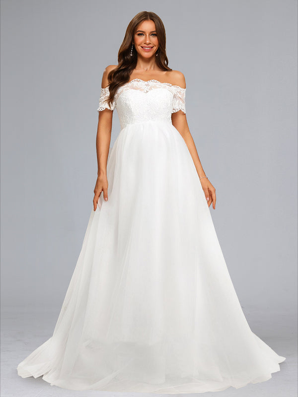 Ball Gown Off-the-Shoulder Baby Shower Wedding Dresses with Lace Appliques