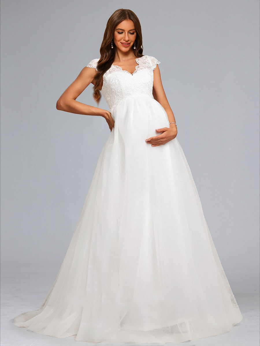 A-Line/Princess V-Neck Long Tulle Luxurious Maternity Wedding Dresses with Appliques